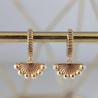 gold and pearl fan charm earrings