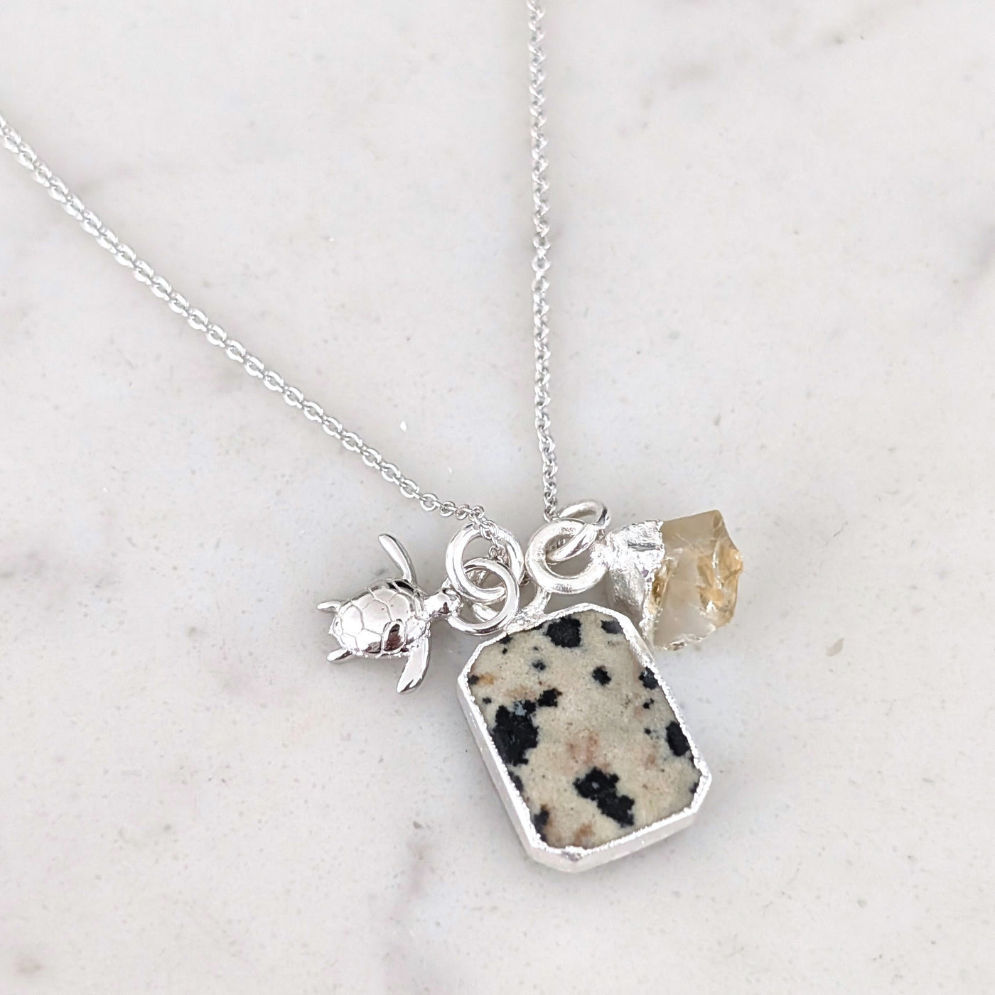 silver dalmatian jasper, citrine and turtle charm necklace