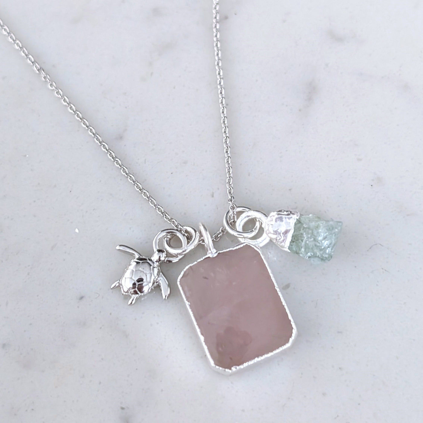 rose quartz, aquamarine and charm gemstone necklace