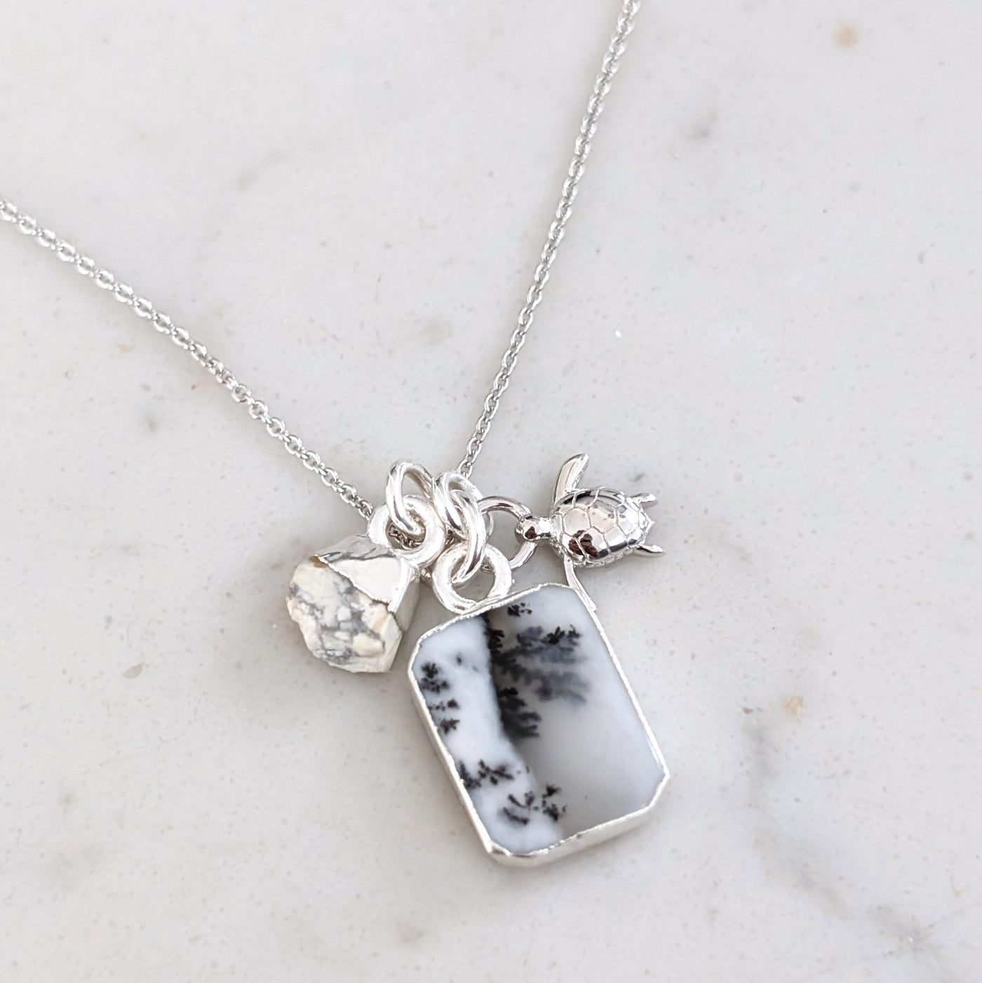 sterling silver dendritic agate, white howlite and turtle charm necklace