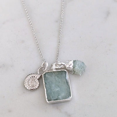 sterling silver aquamarine and charm pendant necklace