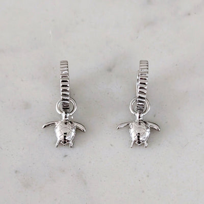 silver turtle charm hoop earrings