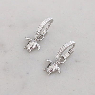 silver turtle charm hoop earrings