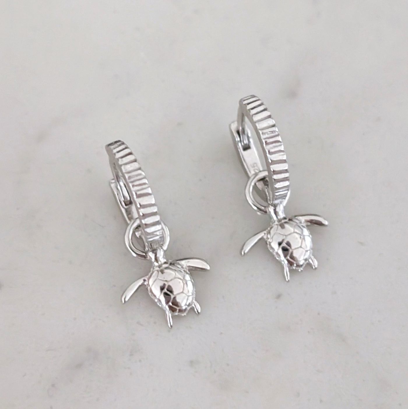 silver turtle charm hoop earrings