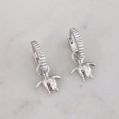 silver turtle charm hoop earrings