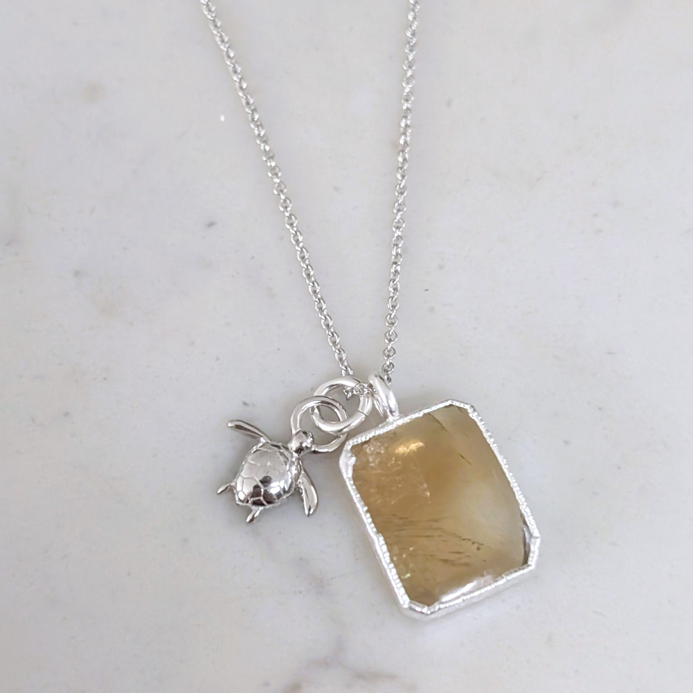 silver citrine pendant necklace with turtle charm