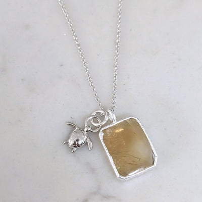 silver citrine pendant necklace with turtle charm