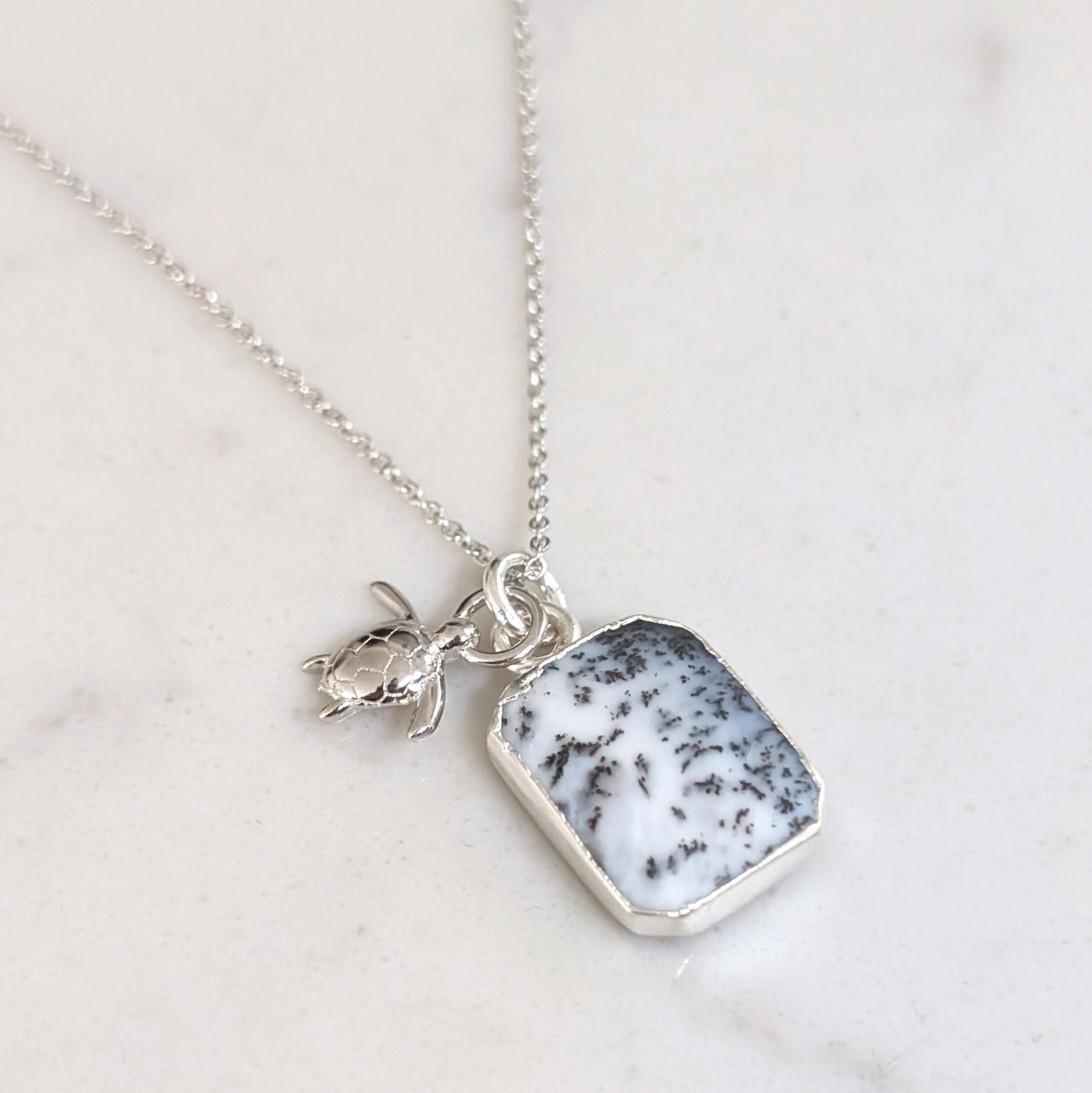 sterling silver dendritic agate pendant necklace with turtle charm