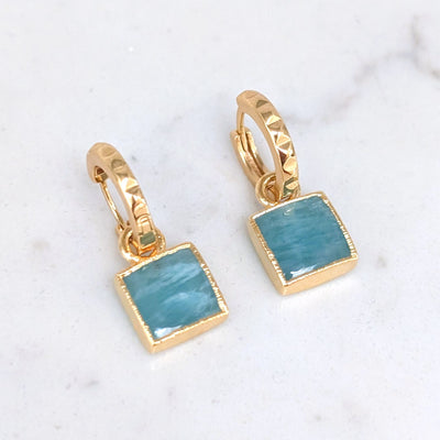 Gold plated amazonite gemstone charm hoop earrings