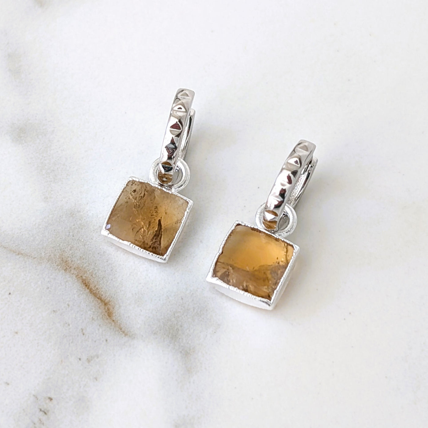 silver citrine square charm hoop earrings