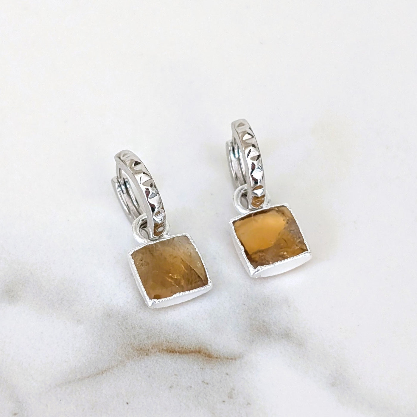 silver citrine square charm hoop earrings