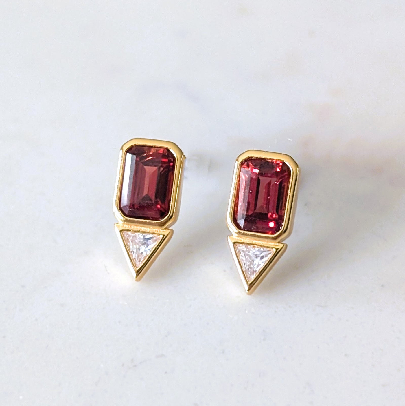 gold garnet zirconia geometric stud earrings