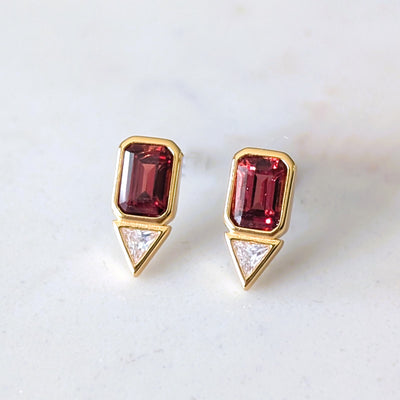 gold garnet zirconia geometric stud earrings