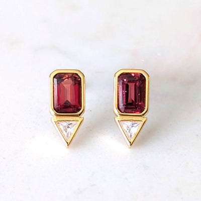 gold garnet zirconia geometric stud earrings