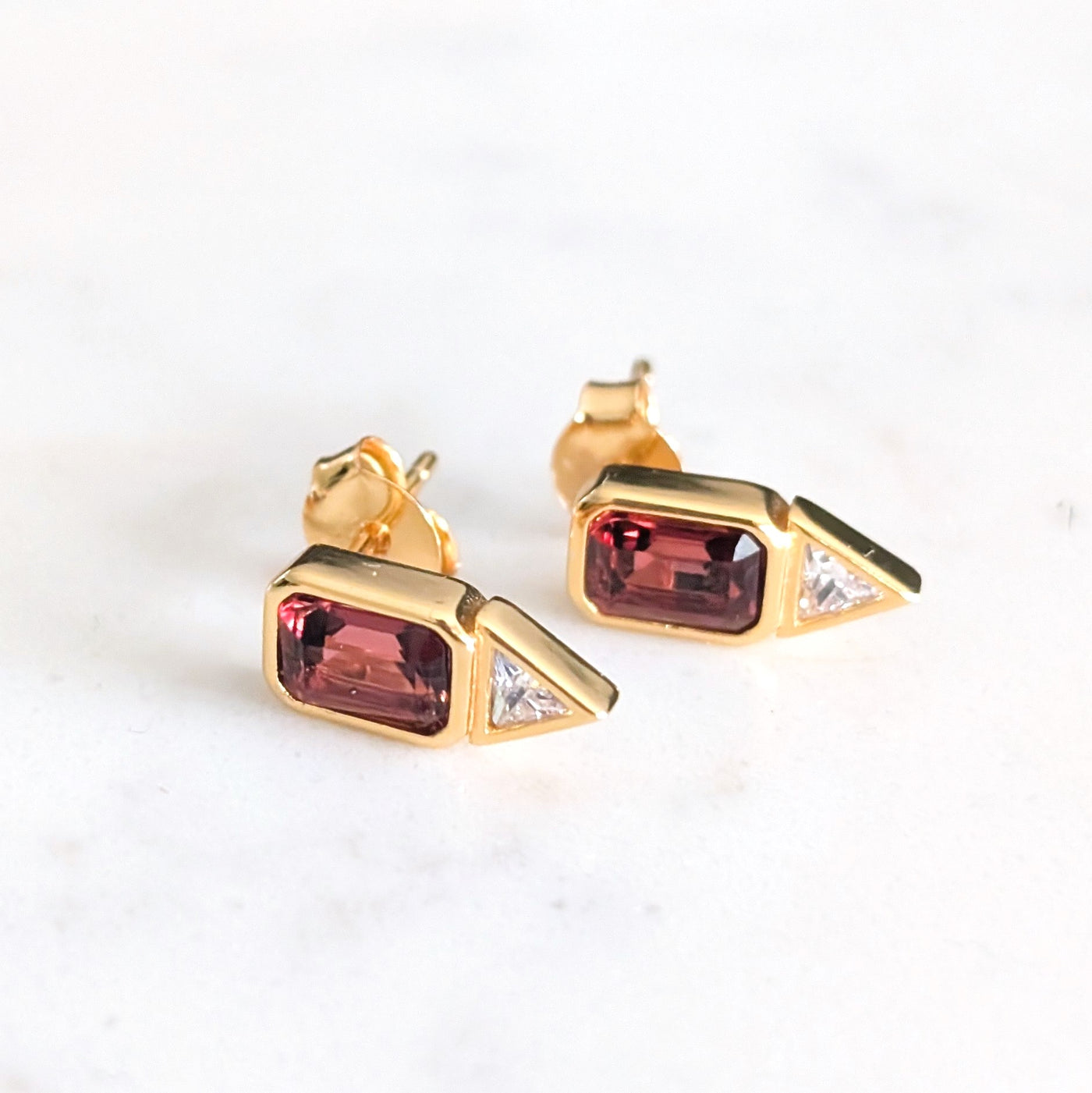 gold garnet zirconia geometric stud earrings