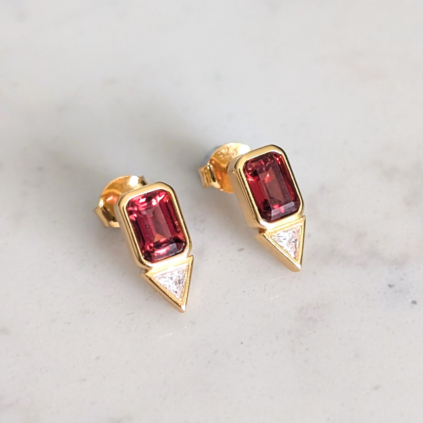 gold garnet zirconia geometric stud earrings