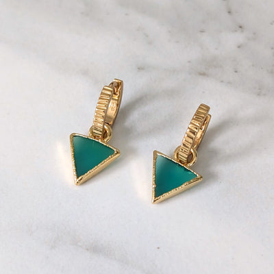 gold green onyx triangular charm hoop earrings