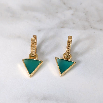 gold green onyx triangular charm hoop earrings