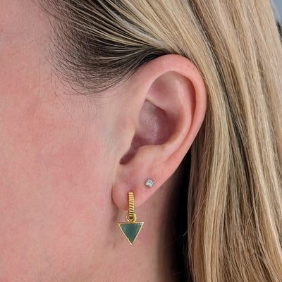 gold green onyx triangular charm hoop earrings