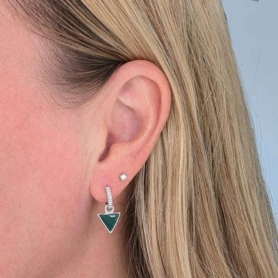 silver green onyx triangular charm earrrings