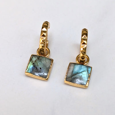 gold labradorite square charm hoop earrings