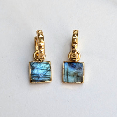 gold labradorite square charm hoop earrings