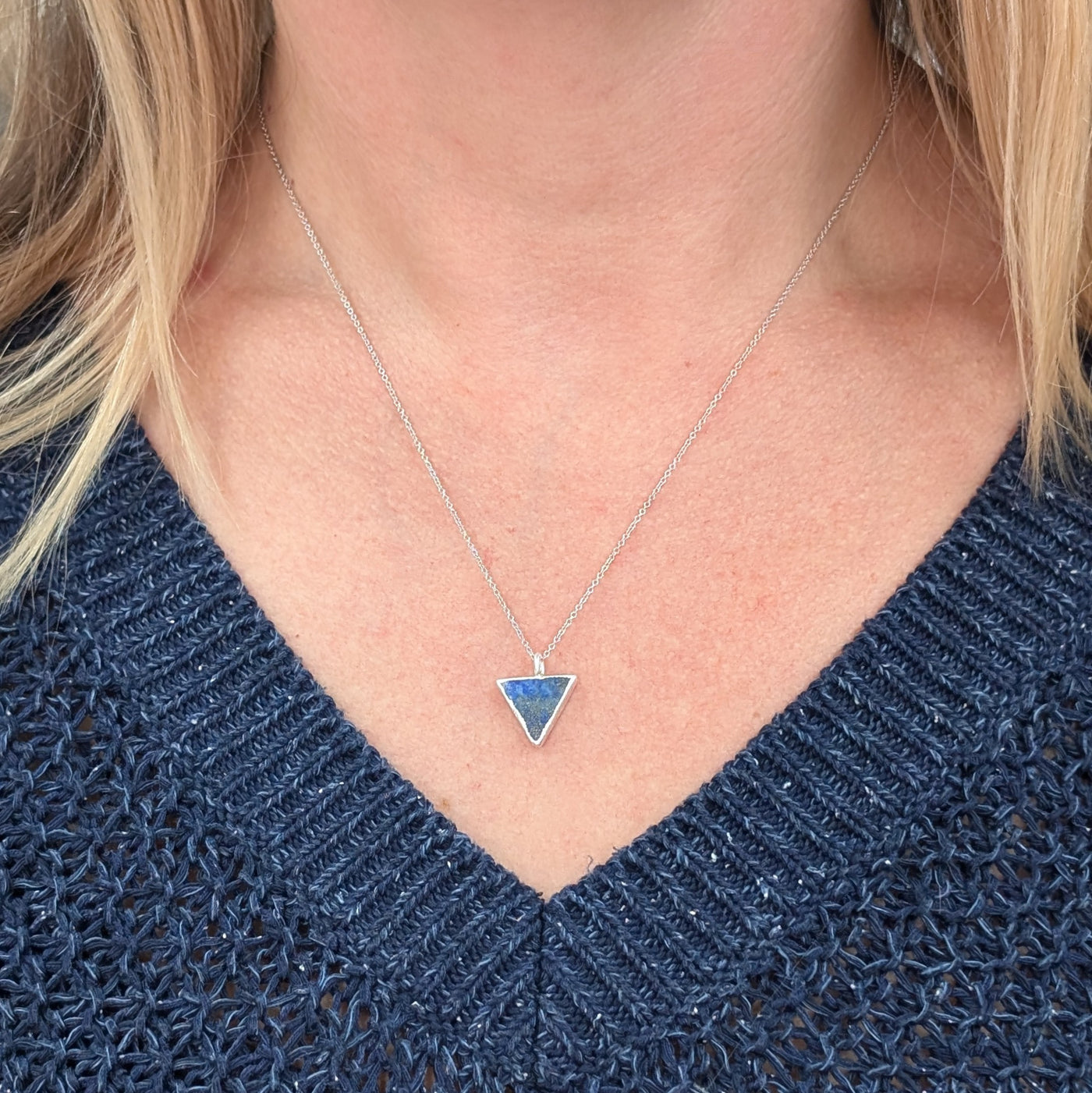 sterling silver lapis lazuli triangular pendant necklace