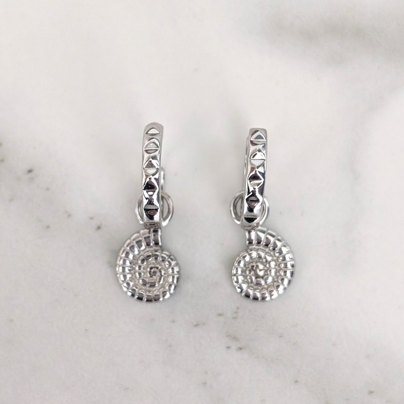 sterling silver ammonite charm hoop earrings