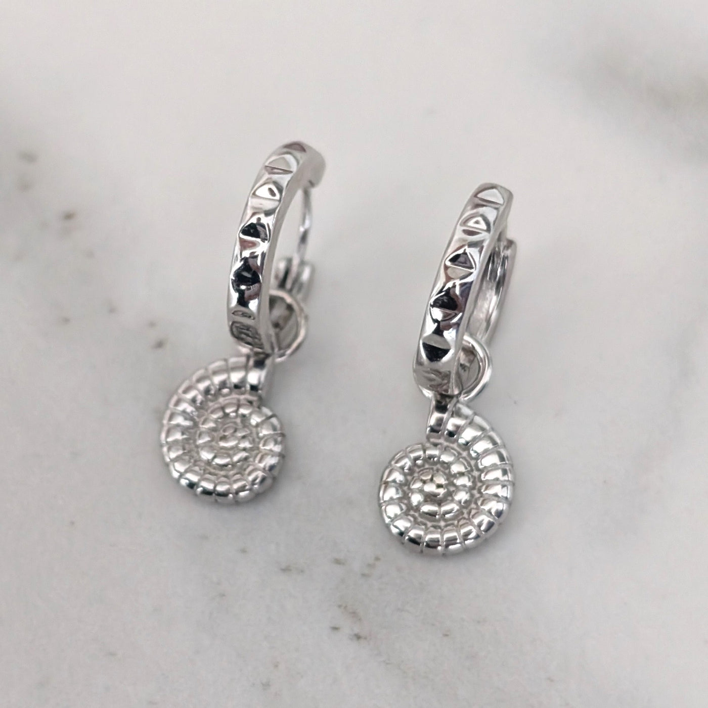 sterling silver ammonite charm hoop earrings