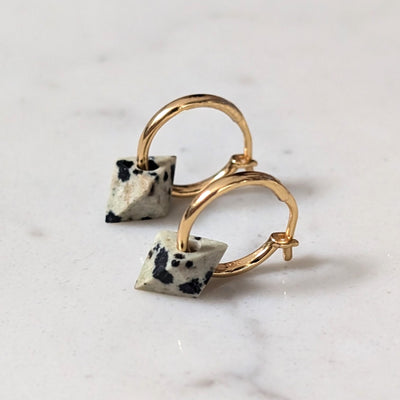 dalmatian jasper octahedron charm gold hoop earrings