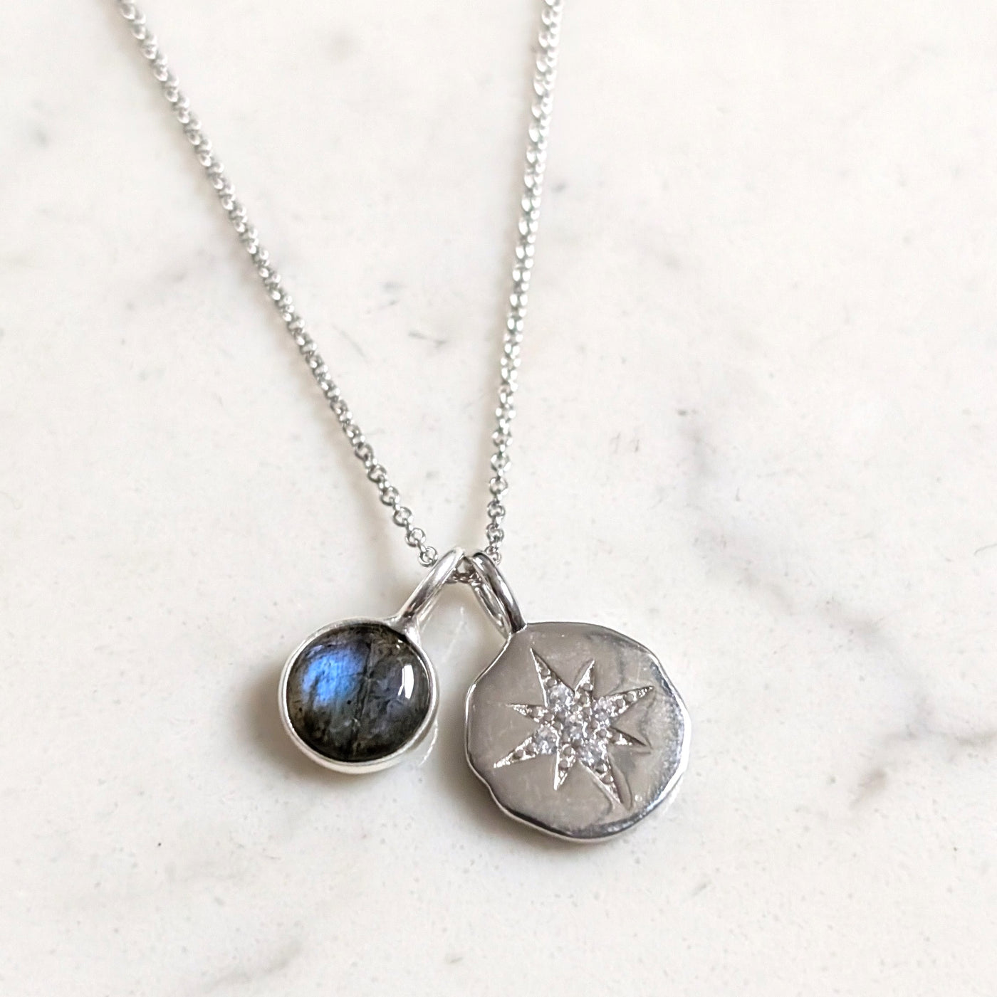 sterling silver labradorite and celestial disc pendant necklace