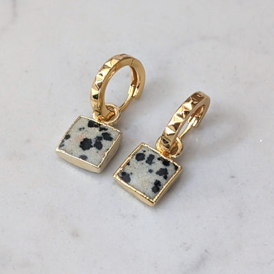 gold plated sterling silver dalmatian jasper square charm hoop earrings