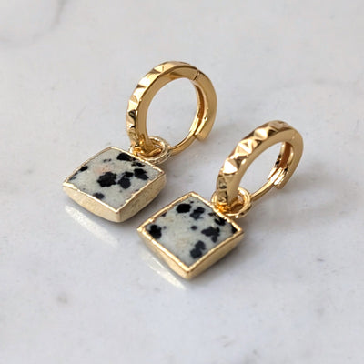 gold plated sterling silver dalmatian jasper square charm hoop earrings