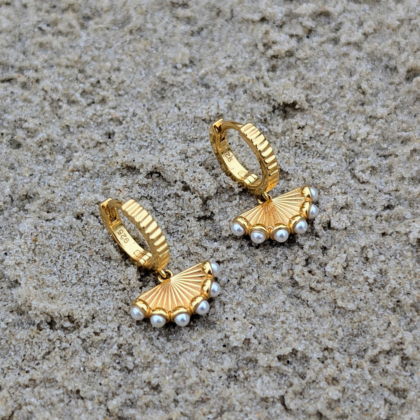 gold and pearl fan charm earrings