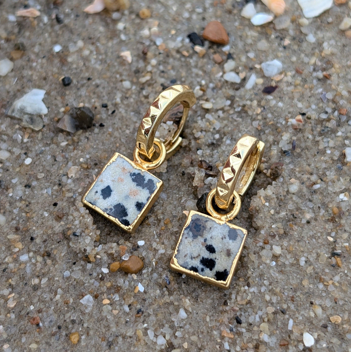 gold plated sterling silver dalmatian jasper square charm hoop earrings