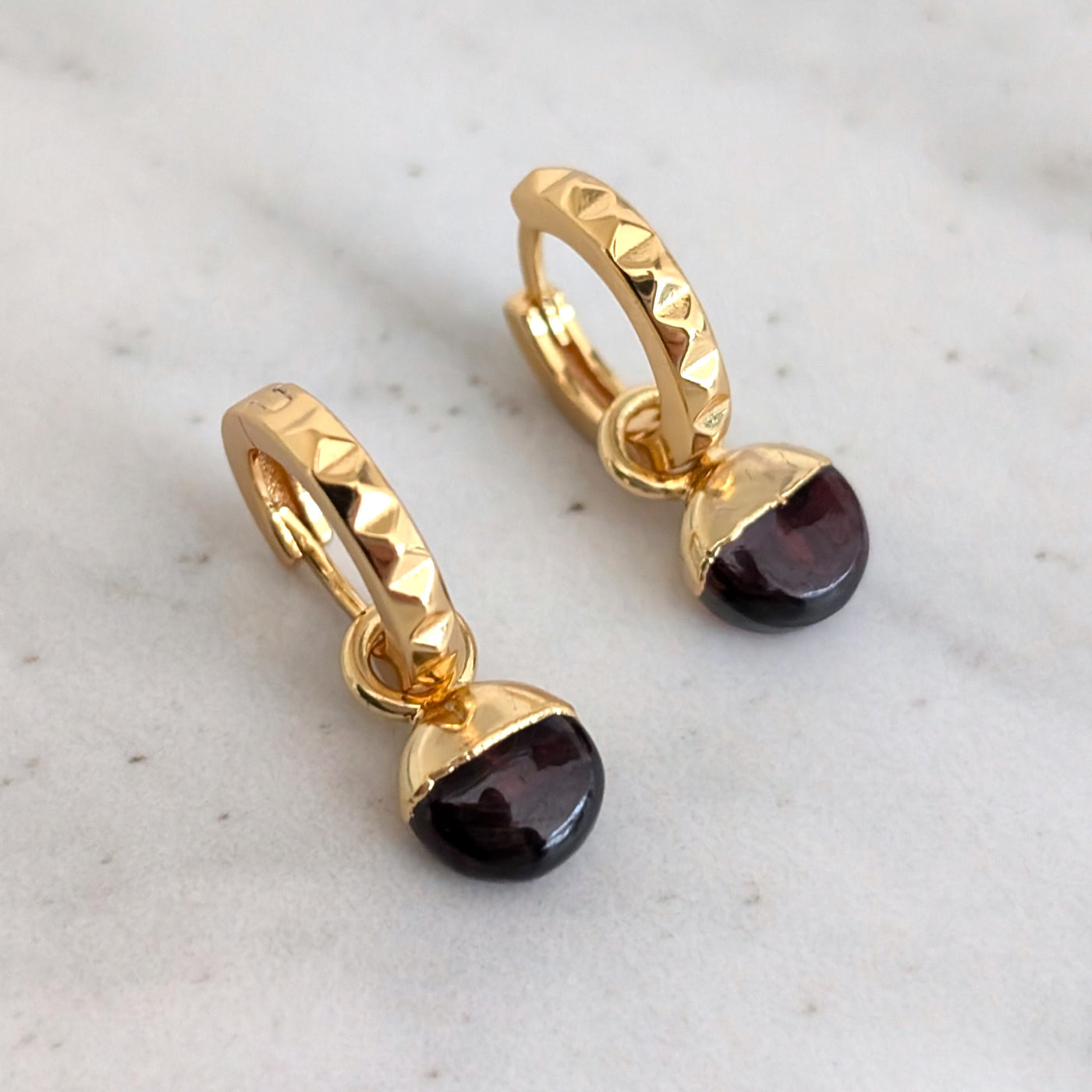 gold garnet January birthstone earrings