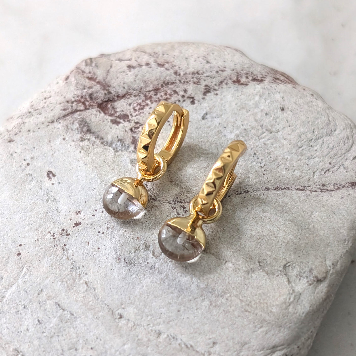 gold clear quartz April birthstone earrings 