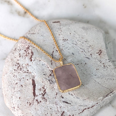 gold rose quartz rectangular pendant necklace 