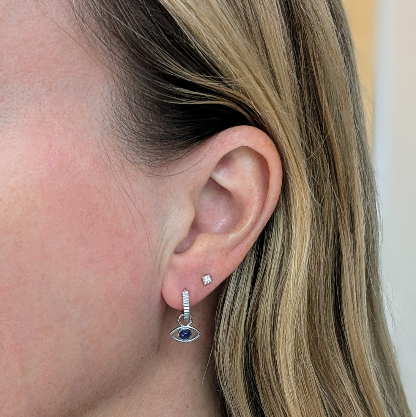 sterling silver and lapis lazuli evil eye hoop earrings