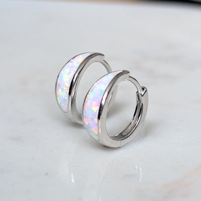 sterling silver opal crescent hoop earrings