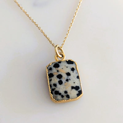 Dalmatian Jasper gold plated rectangular pendant necklace