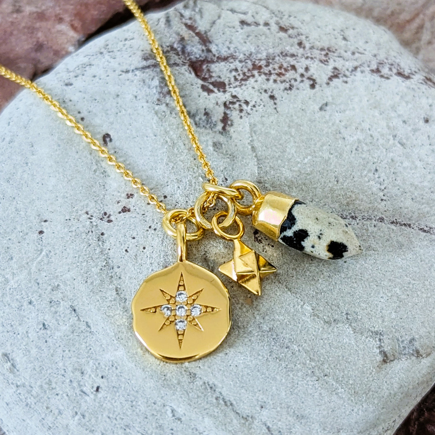 gold trio charm dalmatian jasper pendant necklace
