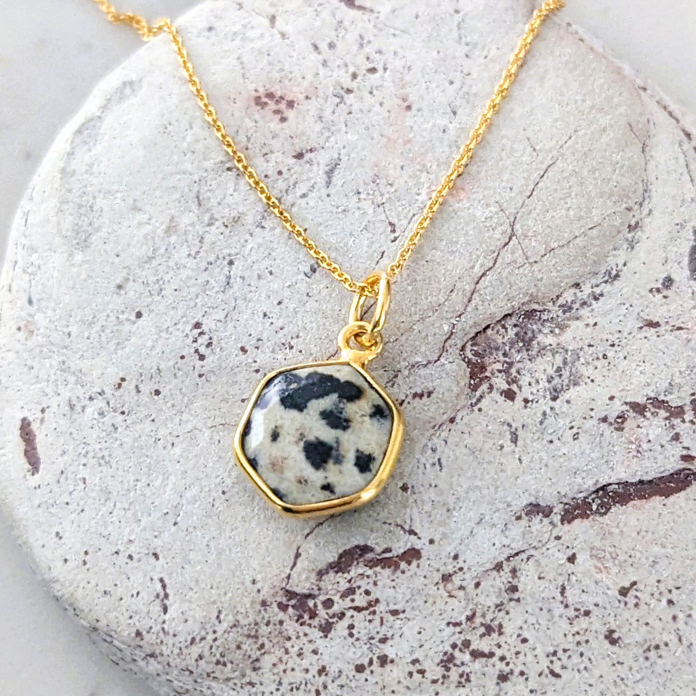 gold plated dalmatian jasper hexagonal necklace