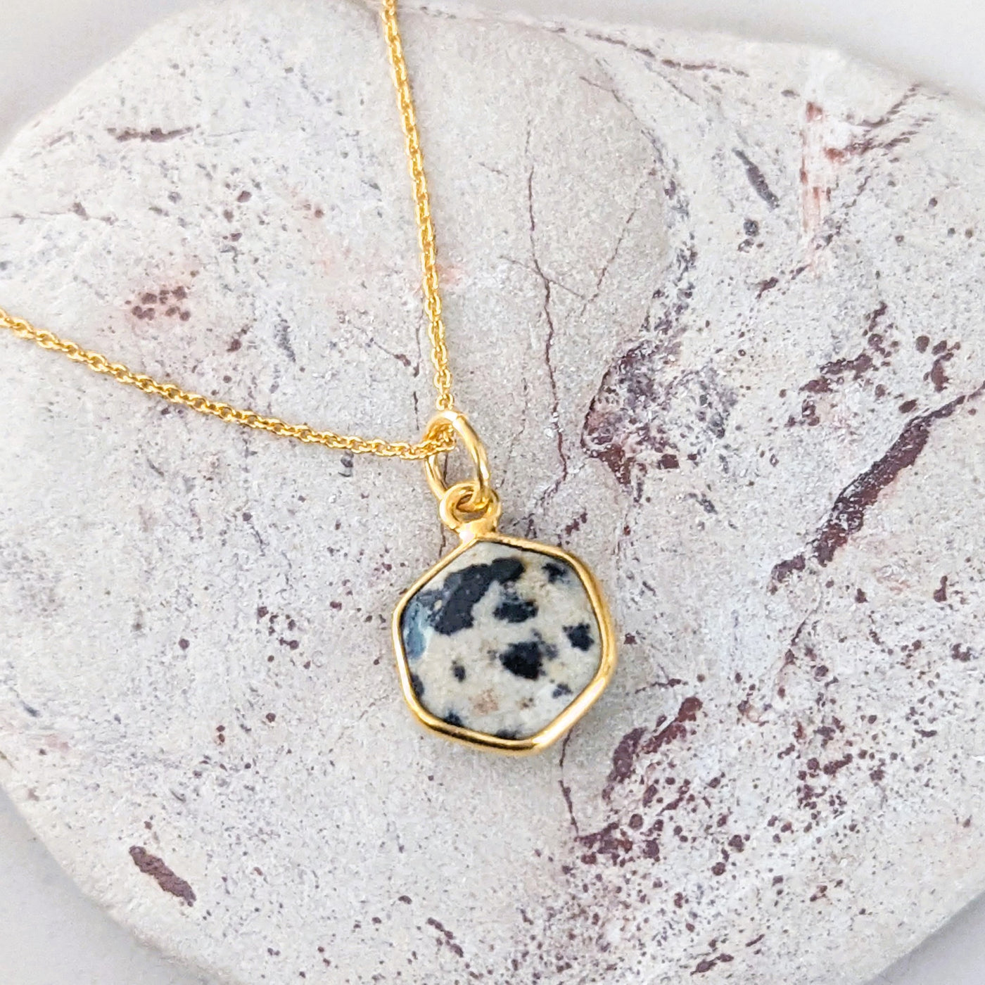 gold plated dalmatian jasper hexagonal necklace